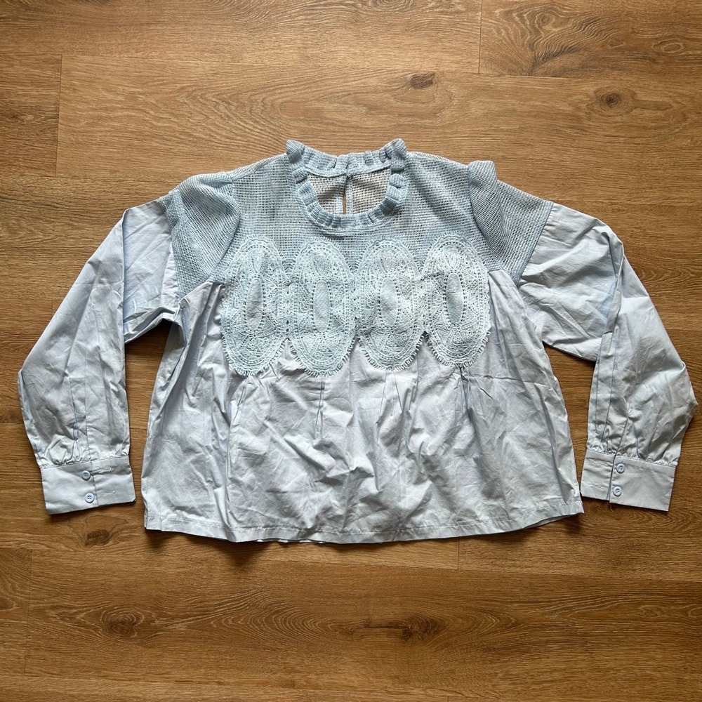 Light Blue Crochet Lace Mesh Yoke Blouse Long Sleeve Ruffle Mock Neck Top NWOT